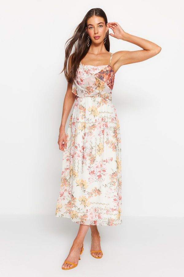 Trendyol Trendyol Ecru Floral Patterned Waist Opening Straps Maxi Lined Chiffon Woven Dress