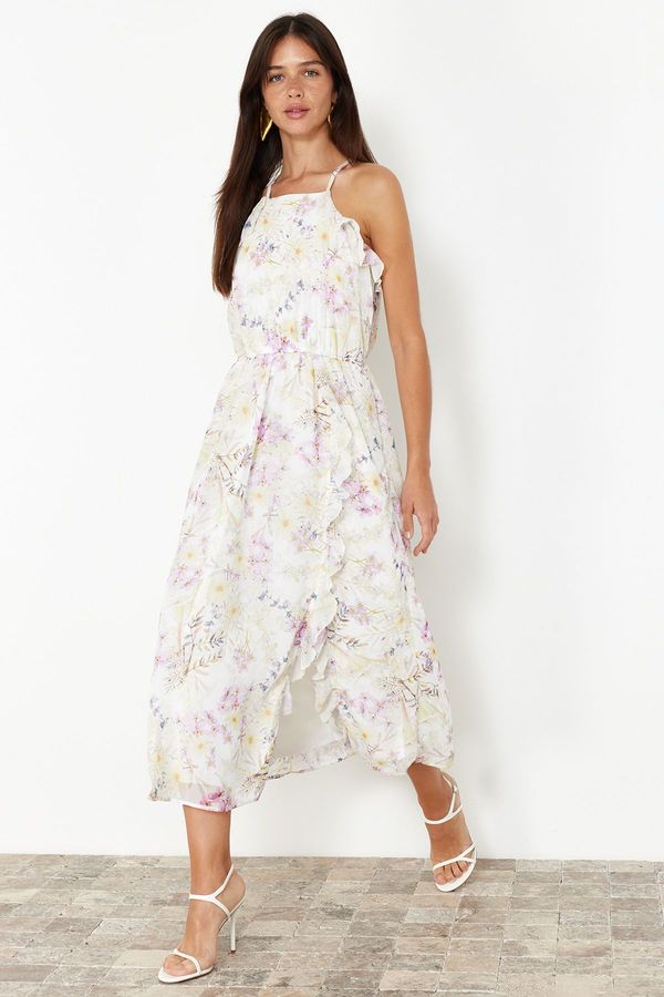 Trendyol Trendyol Ecru Floral Print A-line Ruffle Detail Chiffon lining Maxi Woven Dress