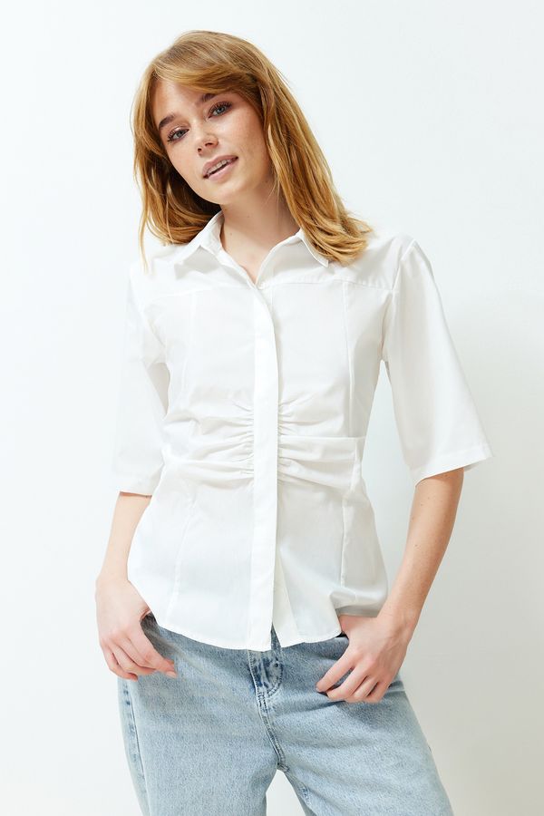 Trendyol Trendyol Ecru Front Gathered Detail Short Sleeve Fitted/Waist Woven Shirt
