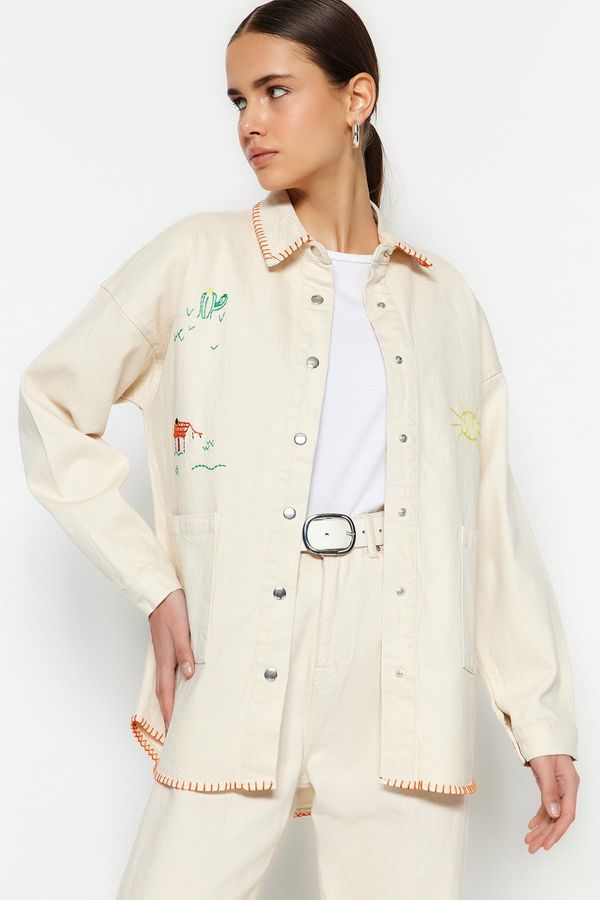 Trendyol Trendyol Ecru Gabardine Embroidery Detailed Snap Closure Jacket