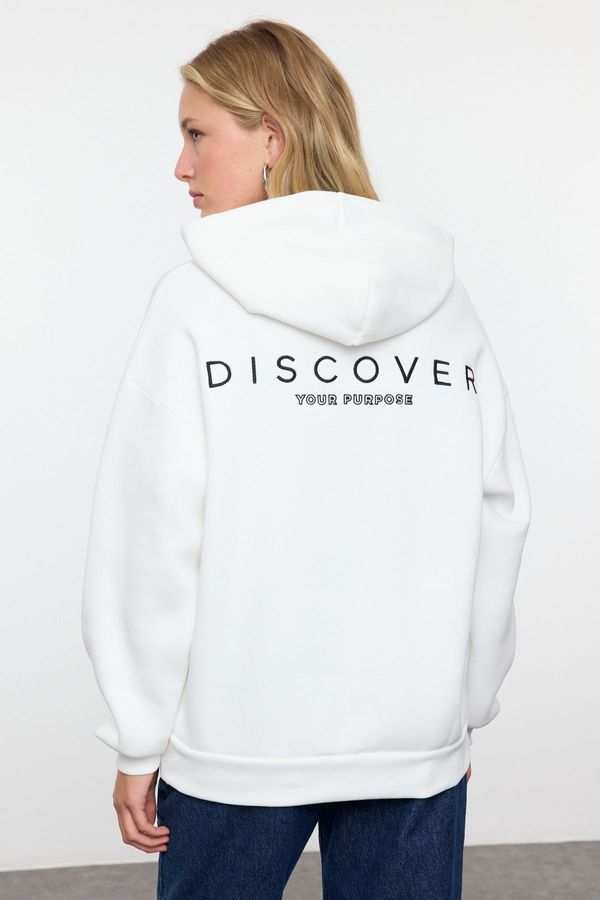 Trendyol Trendyol Ecru Hooded Back Printed Oversize/Wide Fit Thick Inside Fleece Knitted Sweatshirt