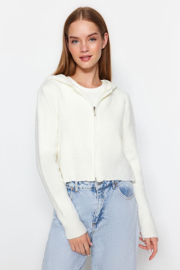 Trendyol Trendyol Ecru Hooded Boucle Knitwear Cardigan