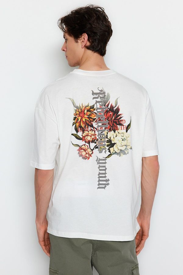 Trendyol Trendyol Ecru Men's Oversize/Wide Cut Floral Print 100% Cotton T-Shirt