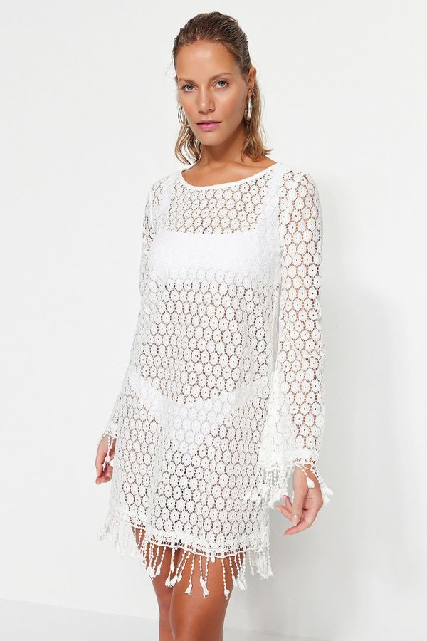 Trendyol Trendyol Ecru Mini Knitted Tasseled Beach Dress