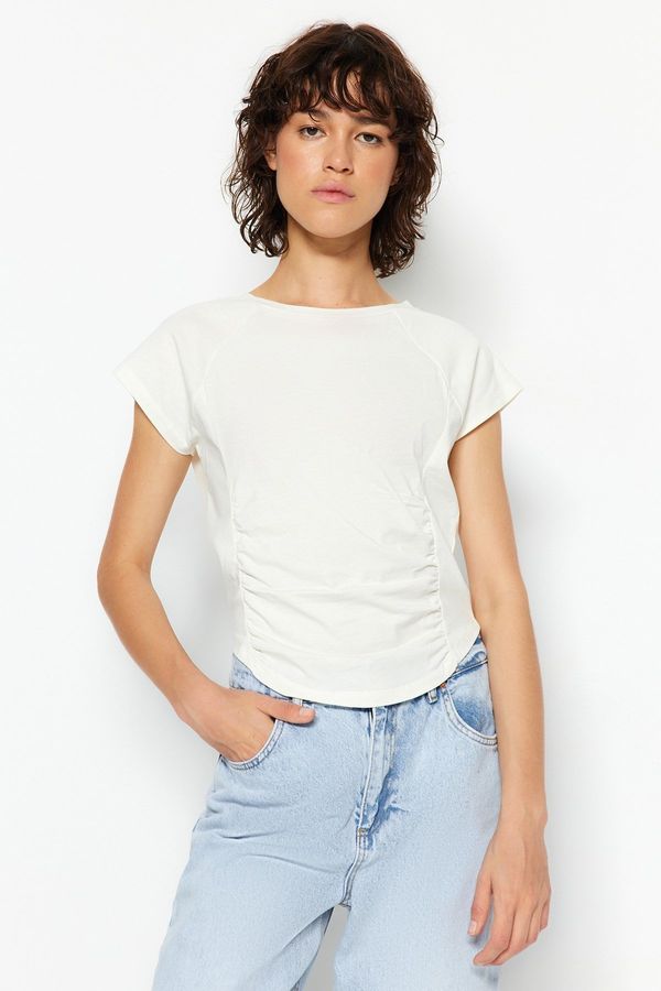 Trendyol Trendyol Ecru More Sustainable 100% Organic Cotton Smocking Detailed Basic Knitted T-Shirt