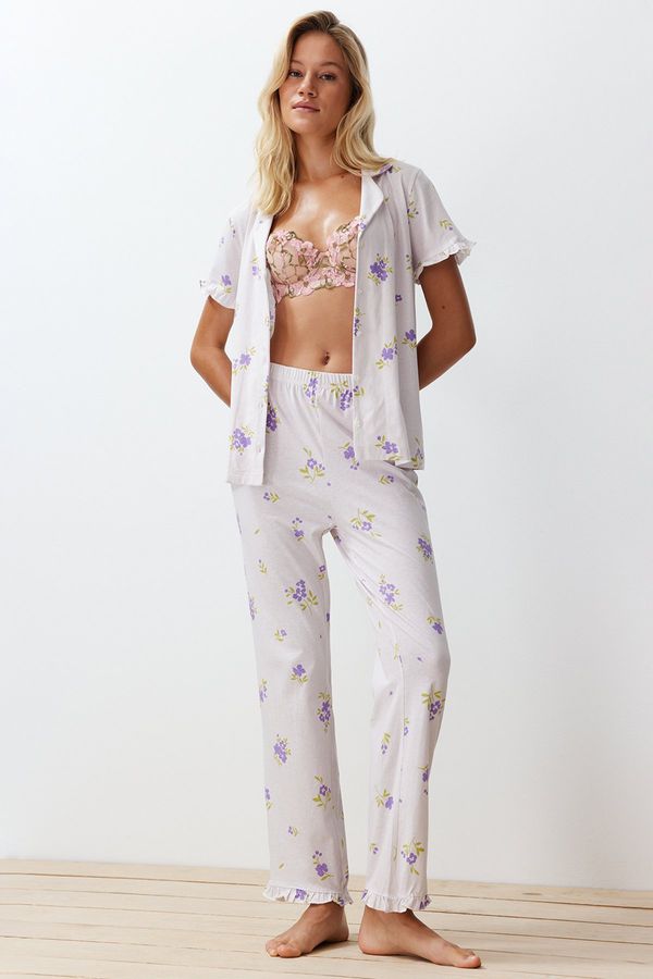 Trendyol Trendyol Ecru-Multi Color 100% Cotton Floral Ruffle Detail Knitted Pajamas Set
