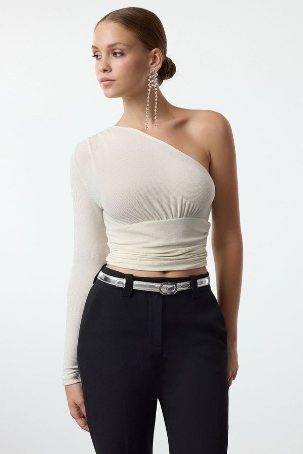 Trendyol Trendyol Ecru One Shoulder Crop Glittery Knitted Blouse