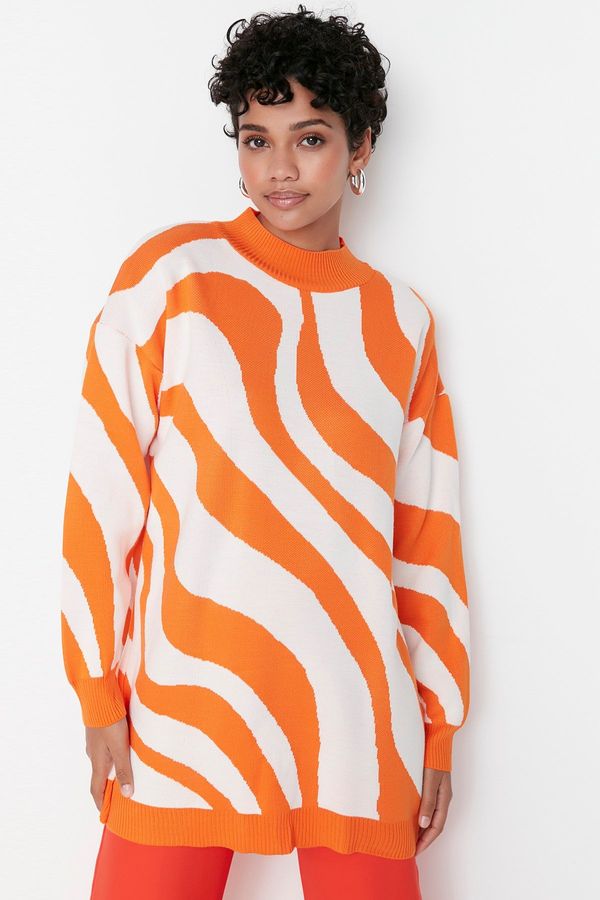 Trendyol Trendyol Ecru Orange Animal Striped Pattern Half Turtleneck Knitwear Sweater