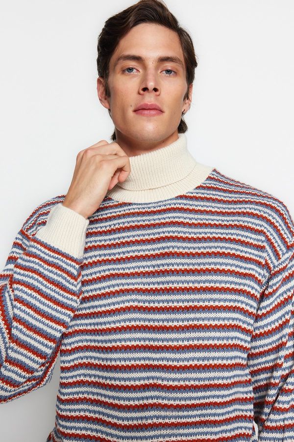 Trendyol Trendyol Ecru Oversize Fit Wide Fit Turtleneck Striped Knitwear Sweater