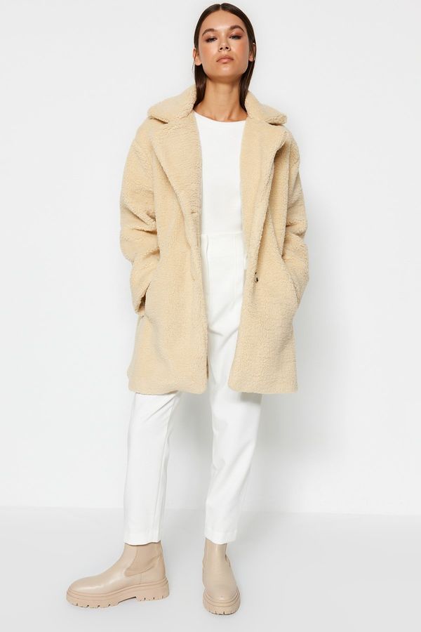 Trendyol Trendyol Ecru Oversize Wide Cut Plush Coat