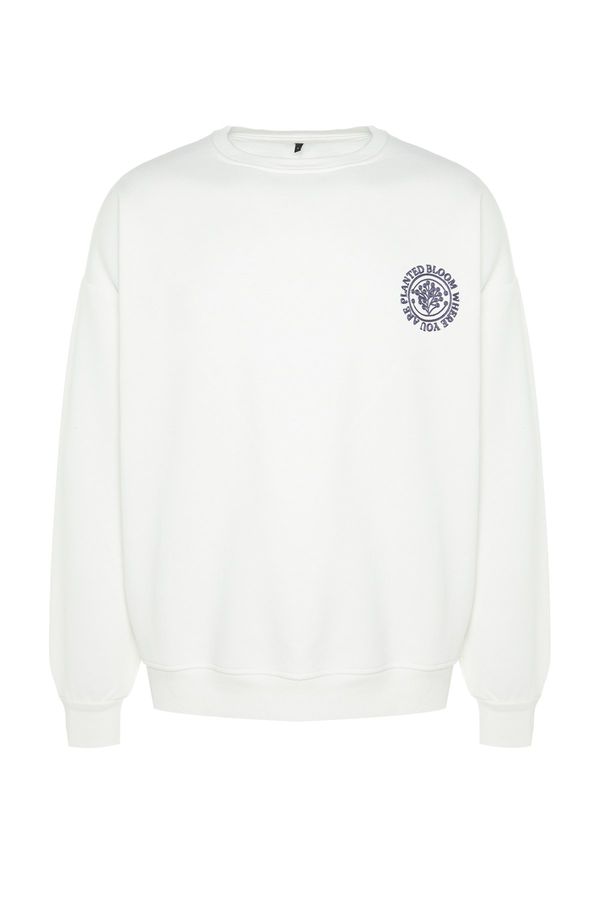 Trendyol Trendyol Ecru Oversize/Wide Cut Floral Embroidered Cotton Sweatshirt with Fleece Inside