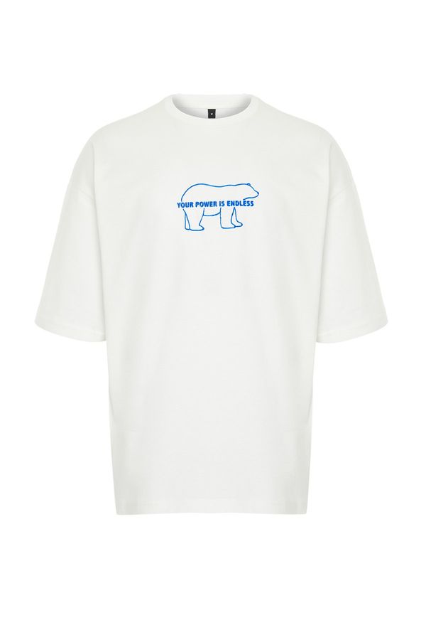 Trendyol Trendyol Ecru Oversize/Wide Cut Gel Animal Printed 100% Cotton T-shirt
