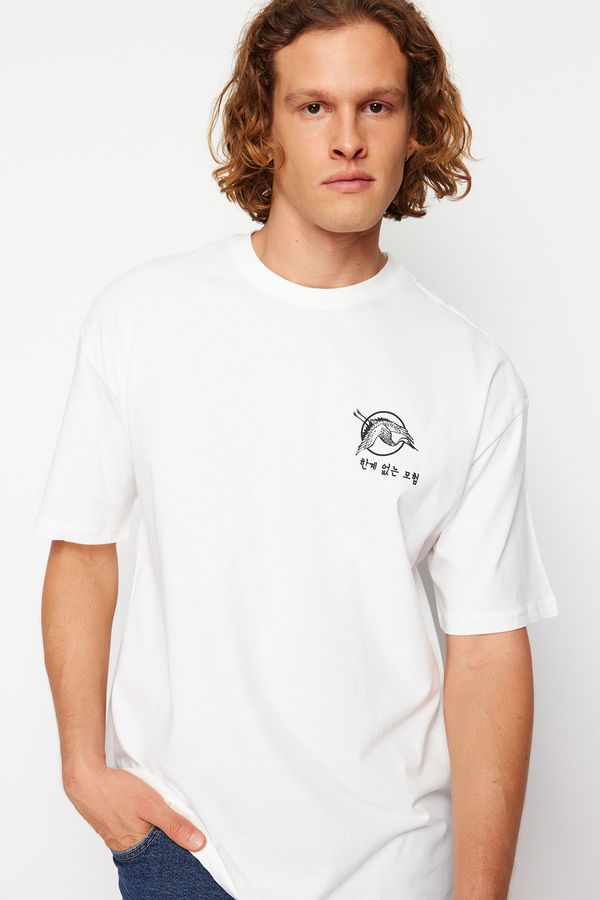 Trendyol Trendyol Ecru Oversize/Wide Cut Headlight East Printed Short Sleeve 100% Cotton T-Shirt