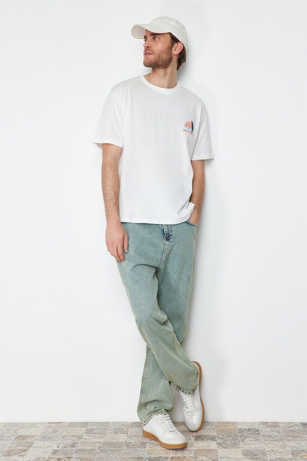 Trendyol Trendyol Ecru Oversize/Wide Cut Landscape Embroidered 100% Cotton Short Sleeve T-Shirt