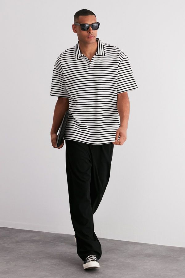 Trendyol Trendyol Ecru Oversize/Wide Cut Limited Edition Striped Textured Polo Neck T-shirt