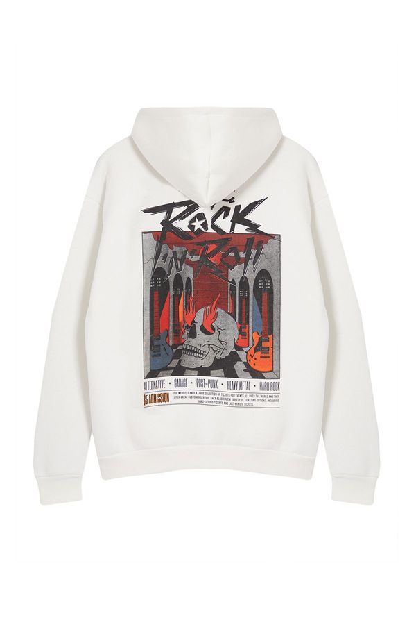 Trendyol Trendyol Ecru Oversize/Wide Cut Polar Fleece Hooded Rock Printed Sweatshirt