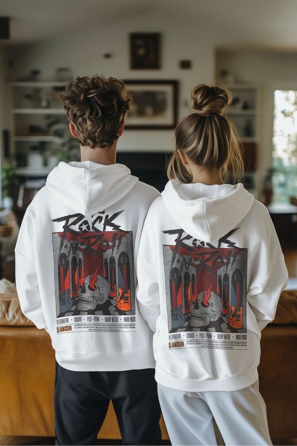 Trendyol Trendyol Ecru Oversize/Wide Cut Polar Fleece Hooded Rock Printed Sweatshirt