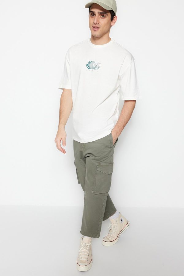 Trendyol Trendyol Ecru Oversize/Wide Cut Short Sleeve Printed 100% Cotton T-Shirt
