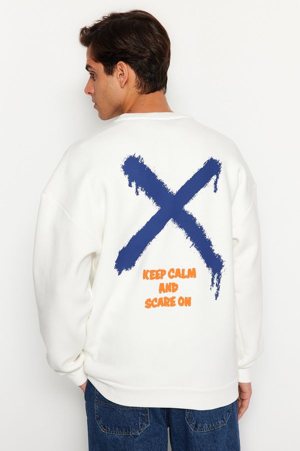 Trendyol Trendyol Ecru Oversize/Wide-Fit Crew Neck Geometric Back Printed Sweatshirt