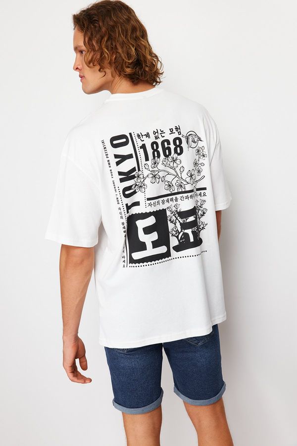 Trendyol Trendyol Ecru Oversize/Wide-Fit Oriental Printed Short Sleeve 100% Cotton T-Shirt
