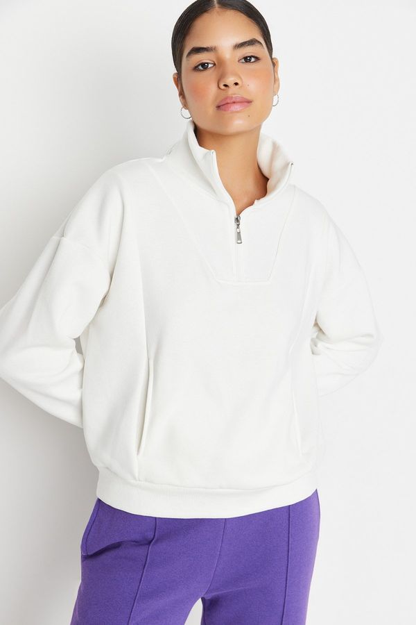 Trendyol Trendyol Ecru Oversize/Wide Fit Zippered Stand-Up Collar Fleece Inner Knitted Sweatshirt