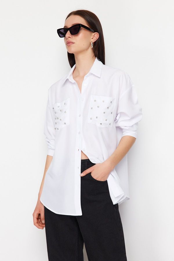 Trendyol Trendyol Ecru Pocket Stone Detailed Oversize Wide Fit Woven Shirt