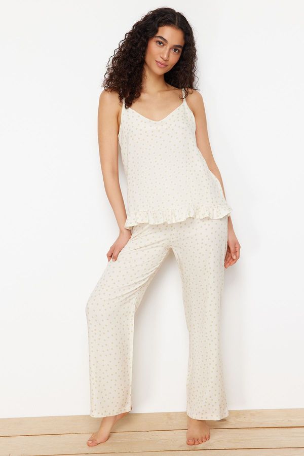 Trendyol Trendyol Ecru Polka Dot Ruffle Detailed Rope Strap Viscose Woven Pajama Set