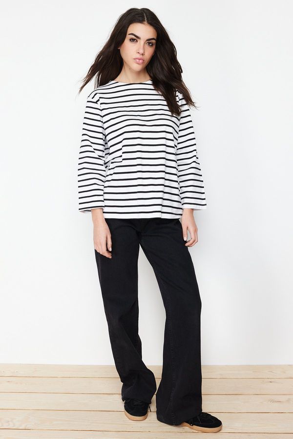 Trendyol Trendyol Ecru Regular Single Jersey Cotton Lycra Striped Knitted Tunic