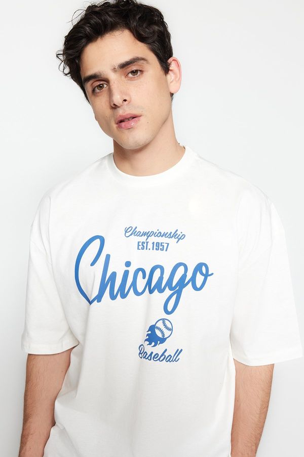 Trendyol Trendyol Ecru Regular/Regular Fit City Printed Short Sleeve 100% Cotton T-Shirt