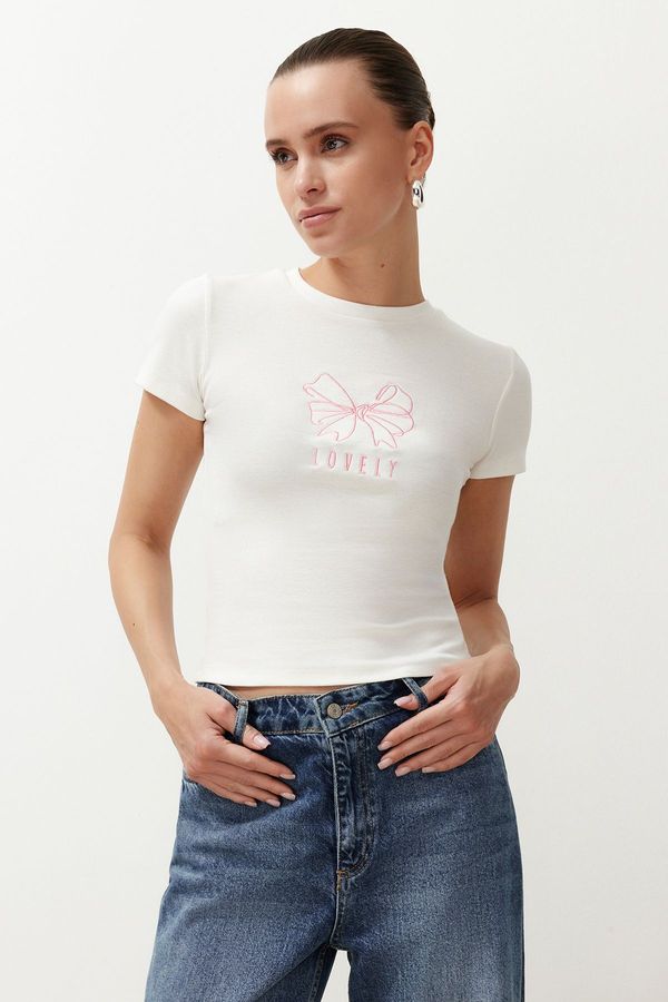 Trendyol Trendyol Ecru Ribbon Embroidered Fitted T-Shirt