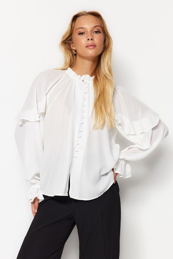 Trendyol Trendyol Ecru Sleeves Flounced Stand Collar Oversize/Wide Fit Woven Shirt