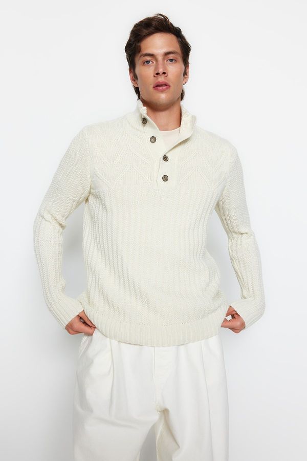 Trendyol Trendyol Ecru Slim Fit Half Turtleneck Button Knitwear Sweater