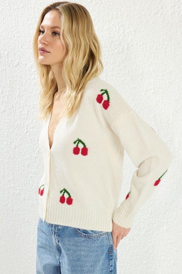 Trendyol Trendyol Ecru Soft Texture Cherry Patterned V Neck Knitted Cardigan