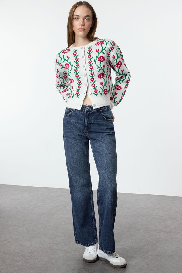 Trendyol Trendyol Ecru Soft Texture Floral Knit Cardigan