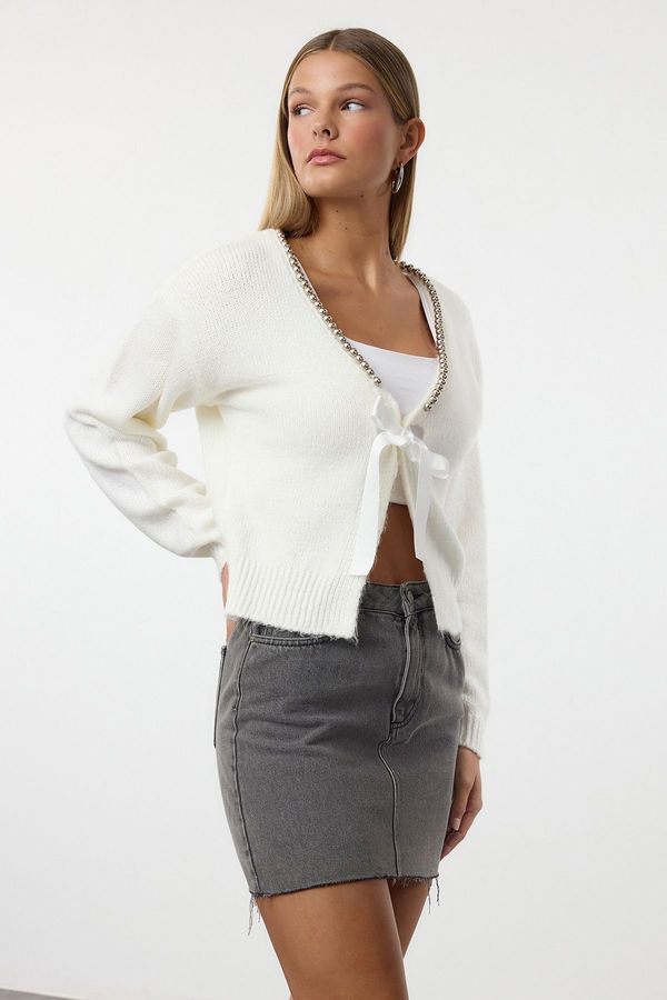 Trendyol Trendyol Ecru Soft Texture Ribbon Detailed Knitwear Cardigan