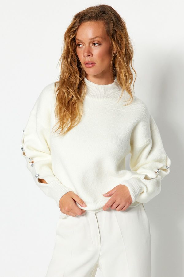 Trendyol Trendyol Ecru Soft Textured Button Detailed Knitwear Sweater