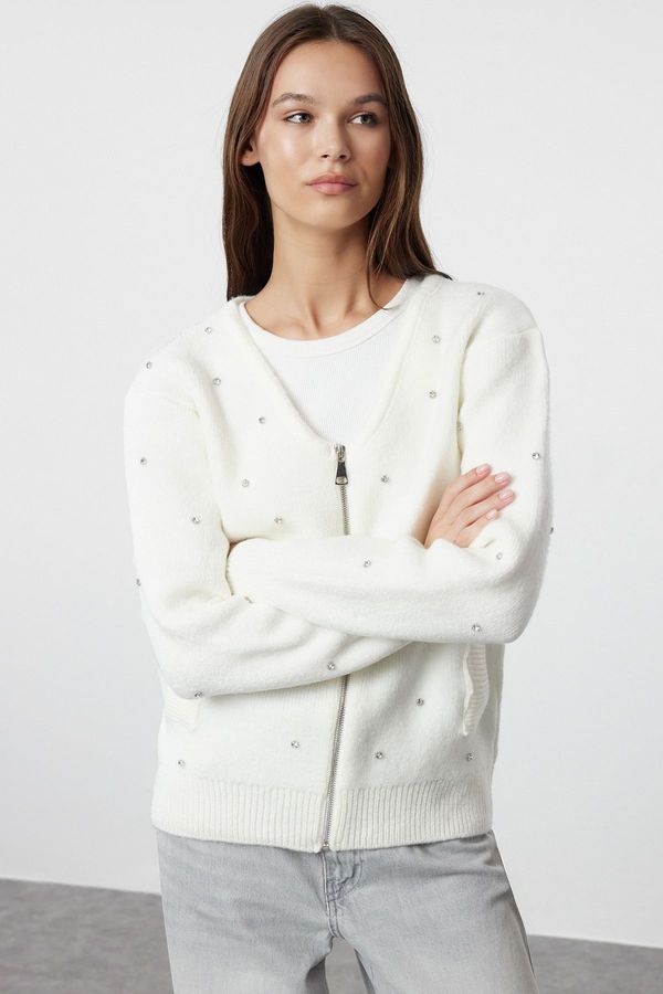 Trendyol Trendyol Ecru Soft Textured Stone Embroidered Coat Look Knitwear Cardigan