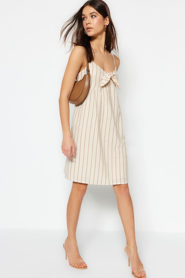 Trendyol Trendyol Ecru Straight Cut Mini Woven Striped Woven Dress