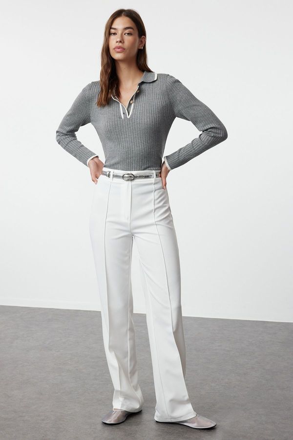 Trendyol Trendyol Ecru Straight/Straight Cut High Waist Ribbed Stitched Woven Trousers