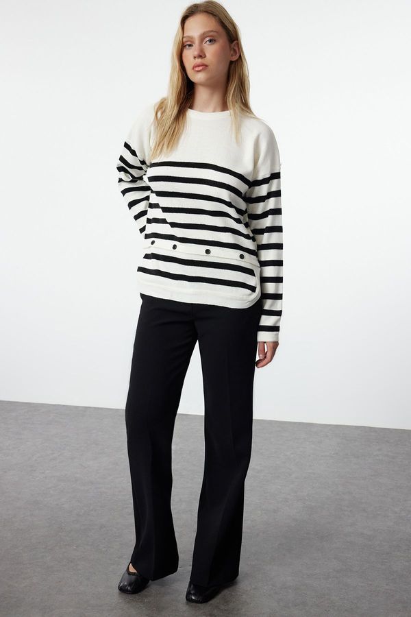 Trendyol Trendyol Ecru Striped Functional Button Detailed Knitwear Sweater