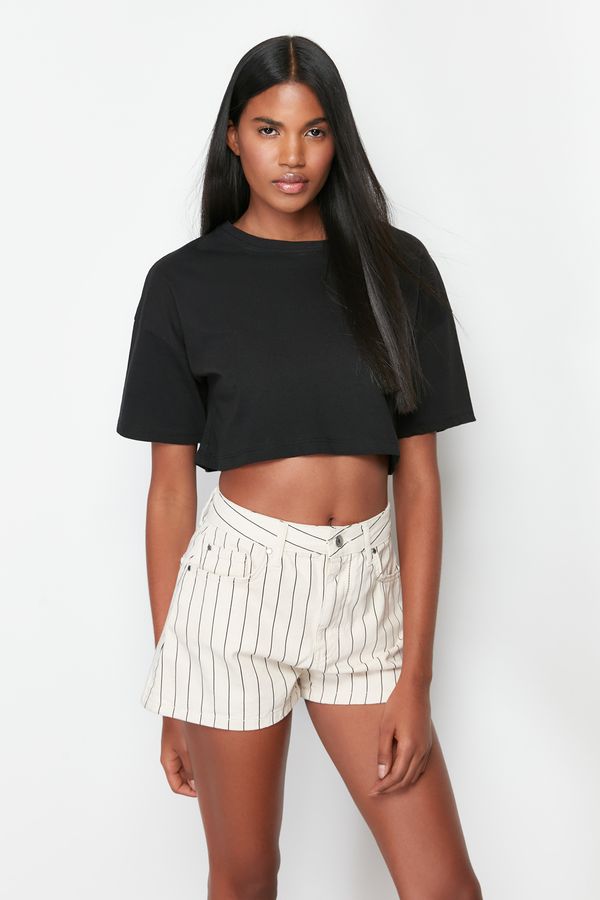 Trendyol Trendyol Ecru Striped High Waist Denim Shorts