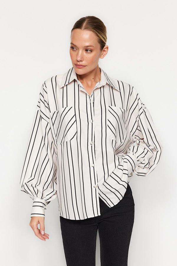Trendyol Trendyol Ecru Striped Oversize/Creature Satin Woven Shirt