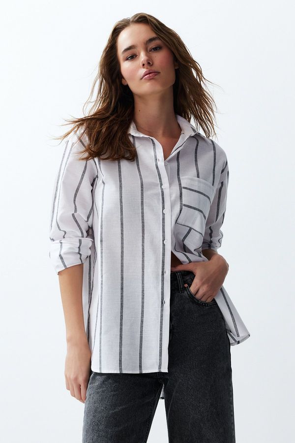 Trendyol Trendyol Ecru Striped Oversize/Creature Woven Shirt