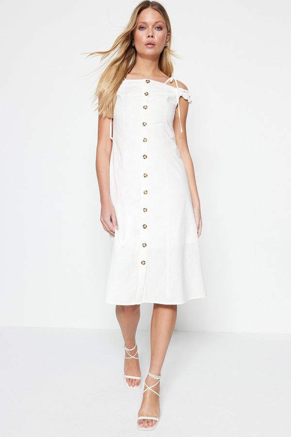 Trendyol Trendyol Ecru Tall A-Cut Midi Woven Carmen Collar Woven Dress