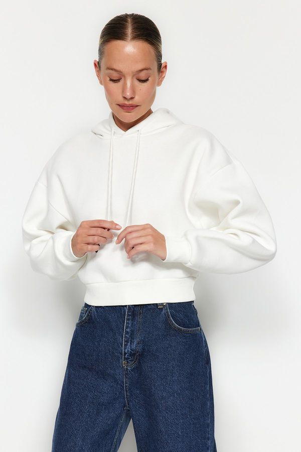 Trendyol Trendyol Ecru Thick Fleece Hooded Comfort Fit Crop Basic Knitted Sweatshirt
