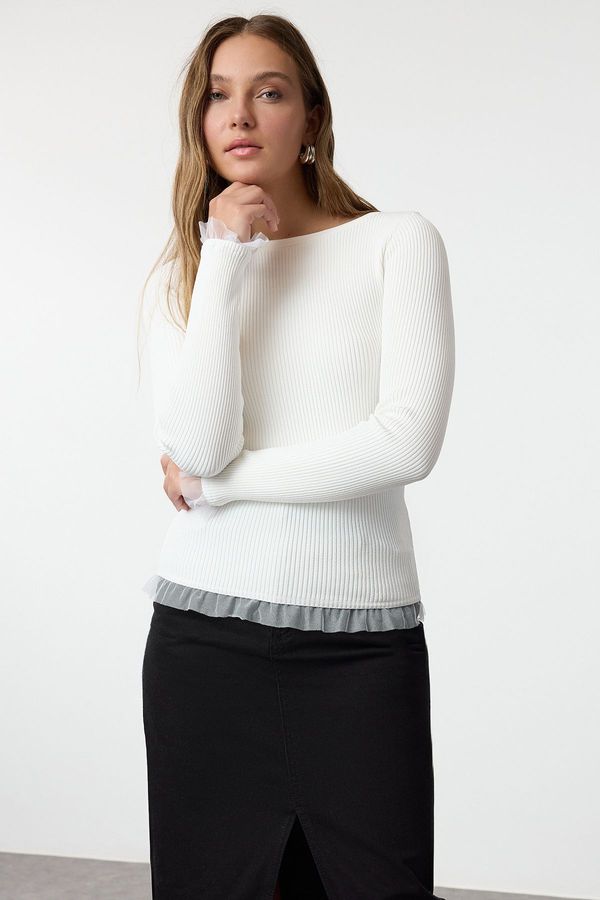 Trendyol Trendyol Ecru Tulle Detailed Thin Knit Sweater