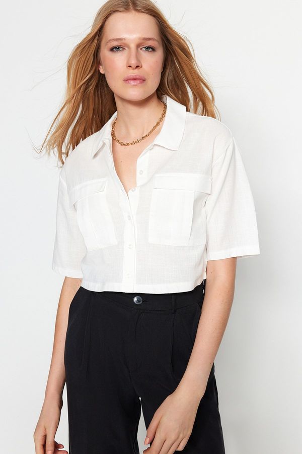 Trendyol Trendyol Ecru Utility Pocket Detailed Crop Regular Normal Fit Woven Shirt