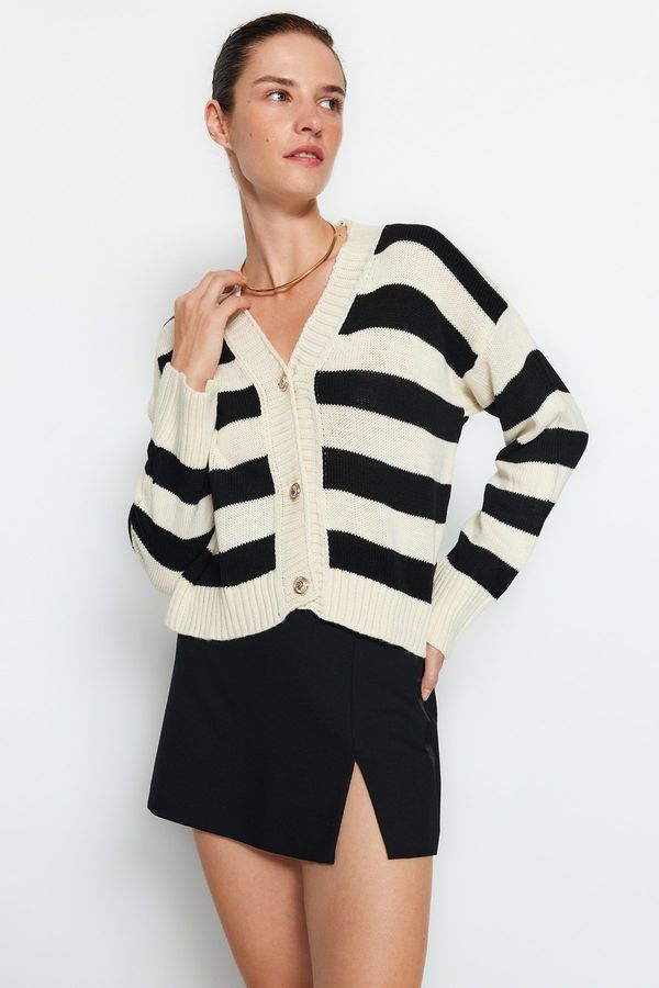 Trendyol Trendyol Ecru V Neck Striped Knitwear Cardigan