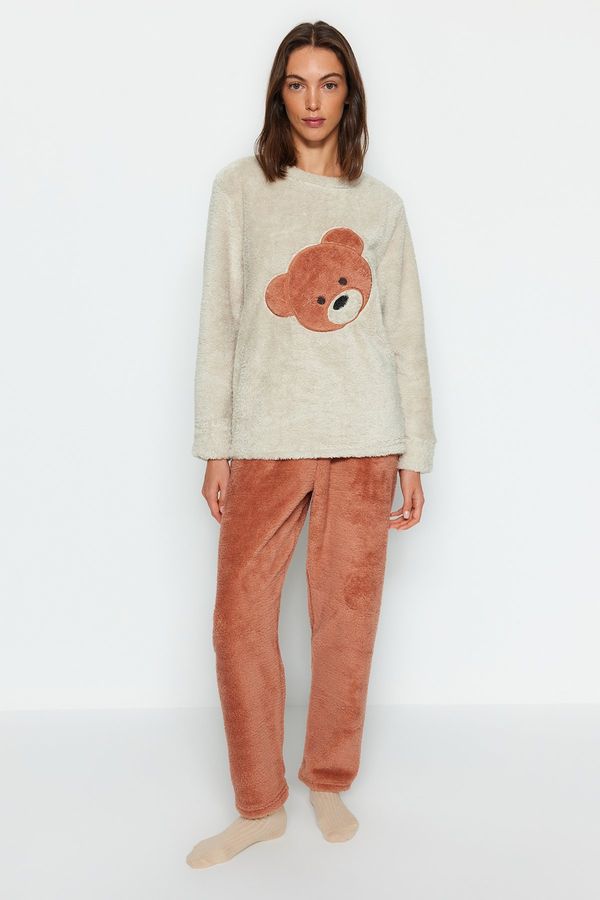 Trendyol Trendyol Ecru Wellsoft Teddy Bear Tshirt-Pants Knitted Pajama Set