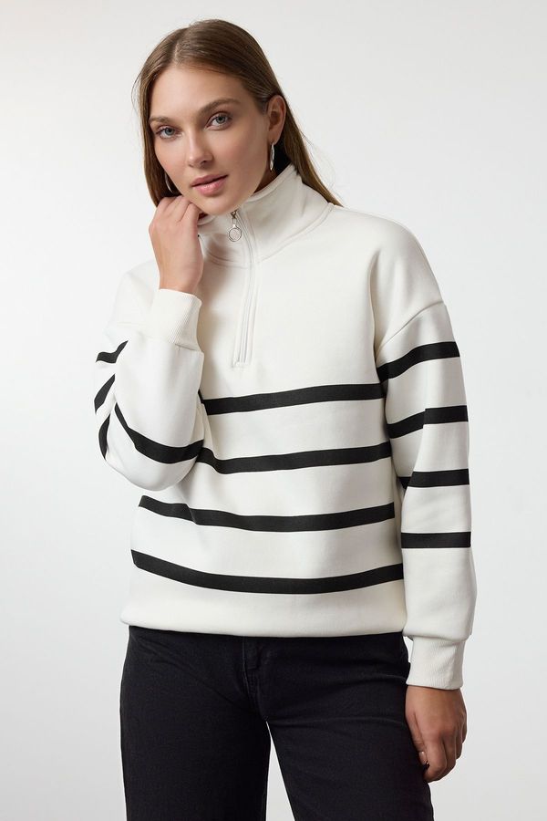 Trendyol Trendyol Ecru Zipper Detailed Striped Regular/Normal Pattern Knitted Sweatshirt